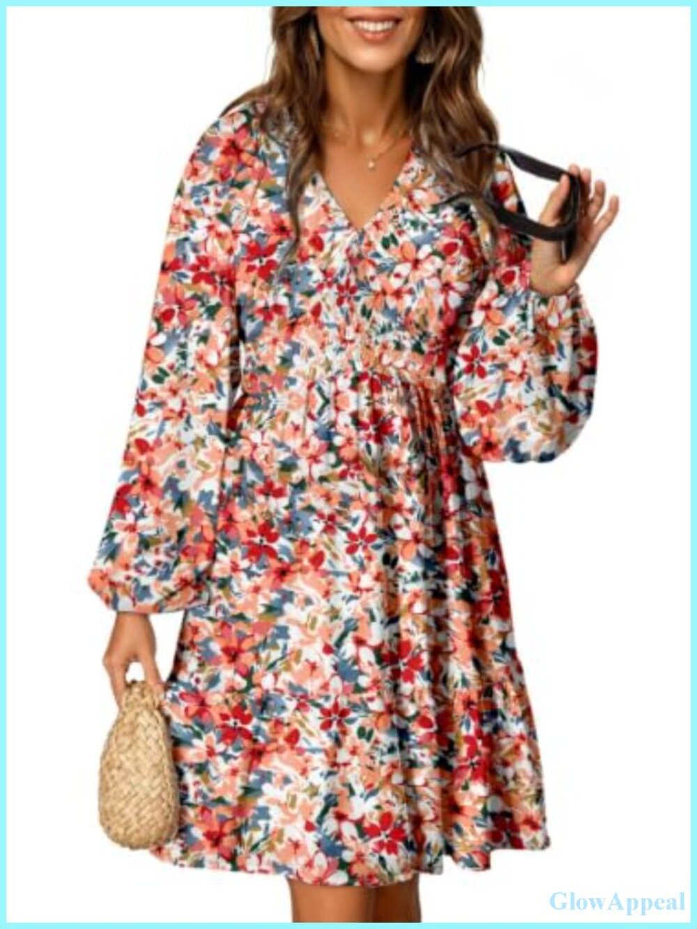 Womens Boho V Neck Smocked Elastic Waist Long Sleeve A-Line Mini Dress